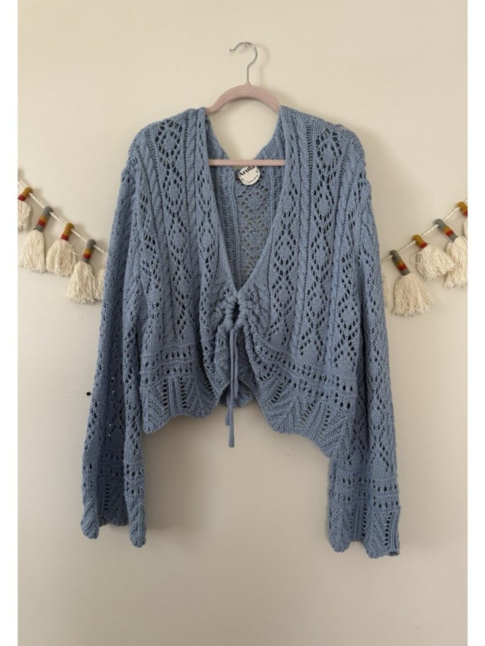 Arula Light Blue Pointelle Knit Front Tie Bell Sleeve Cardigan Feminine Cottage